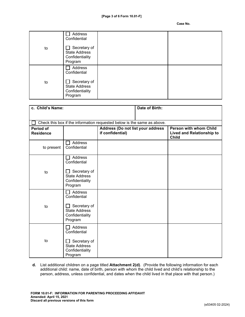 Form 10.01-F (E5340) Information for Parenting Proceeding Affidavit - Franklin County, Ohio, Page 3