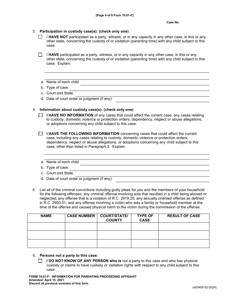 Form 10.01-F (E5340) Information for Parenting Proceeding Affidavit - Franklin County, Ohio, Page 4