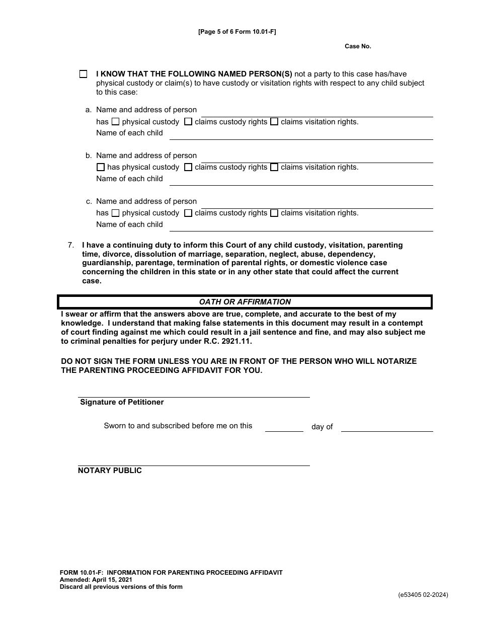 Form 10.01-F (E5340) Information for Parenting Proceeding Affidavit - Franklin County, Ohio, Page 5