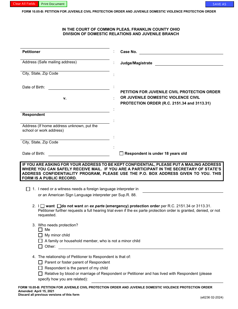 Form 10.05-B (E6236) Petition for Juvenile Civil Protection Order and Juvenile Domestic Violence Protection Order - Franklin County, Ohio, Page 1