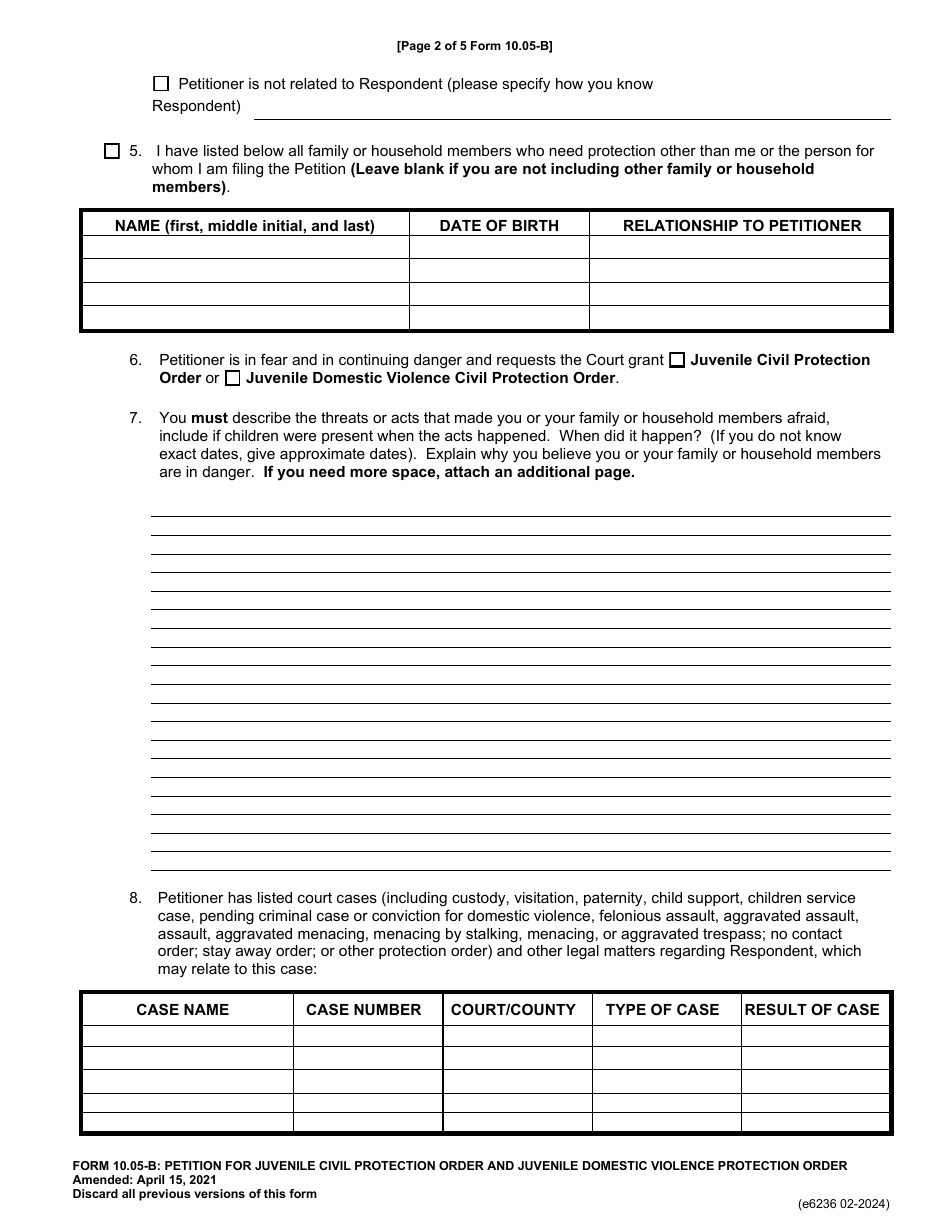 Form 10.05-B (E6236) Petition for Juvenile Civil Protection Order and Juvenile Domestic Violence Protection Order - Franklin County, Ohio, Page 2