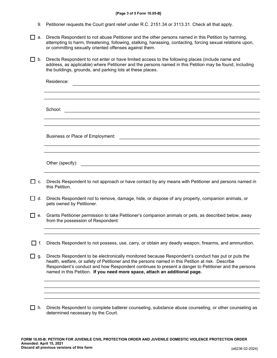 Form 10.05-B (E6236) Petition for Juvenile Civil Protection Order and Juvenile Domestic Violence Protection Order - Franklin County, Ohio, Page 3