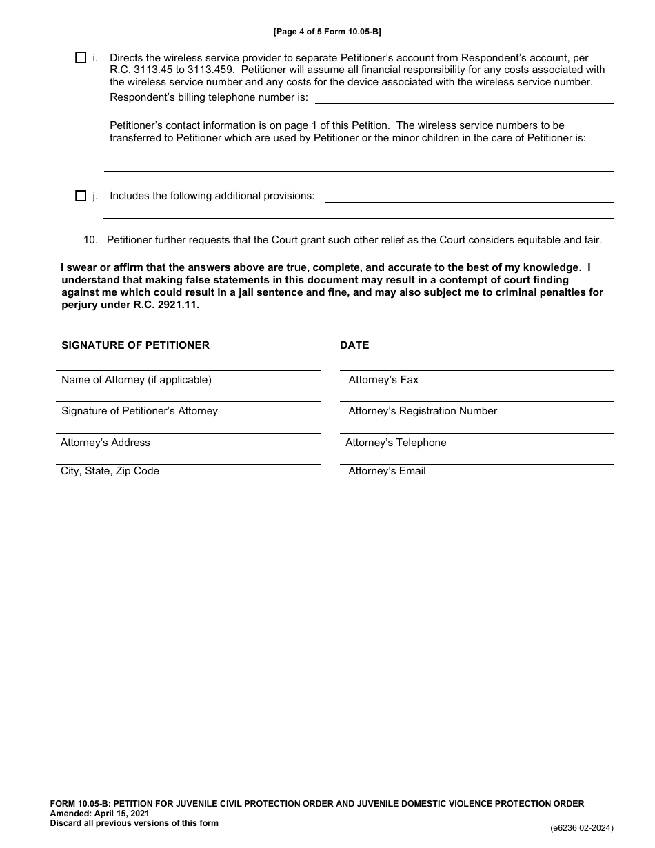 Form 10.05-B (E6236) Petition for Juvenile Civil Protection Order and Juvenile Domestic Violence Protection Order - Franklin County, Ohio, Page 4