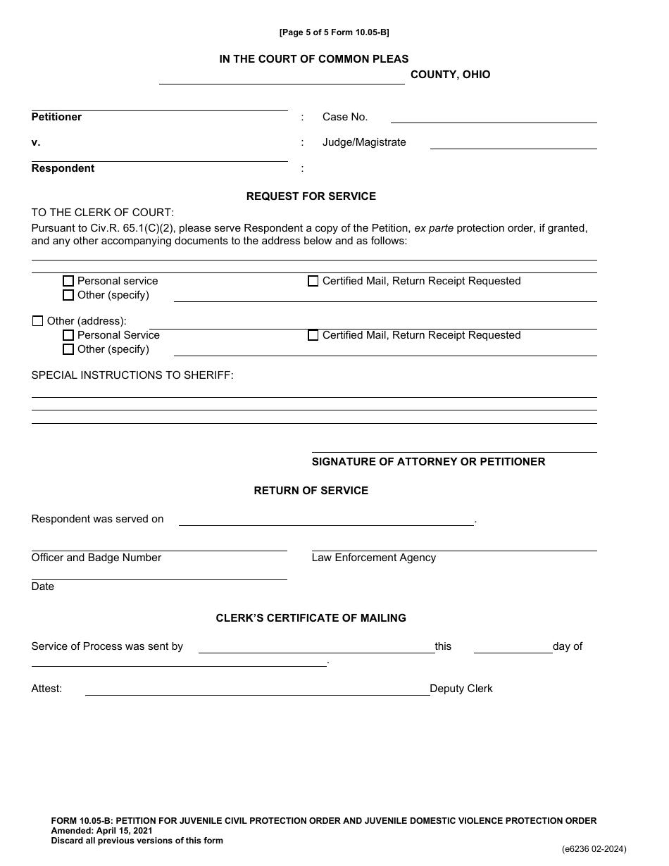 Form 10.05-B (E6236) Petition for Juvenile Civil Protection Order and Juvenile Domestic Violence Protection Order - Franklin County, Ohio, Page 5