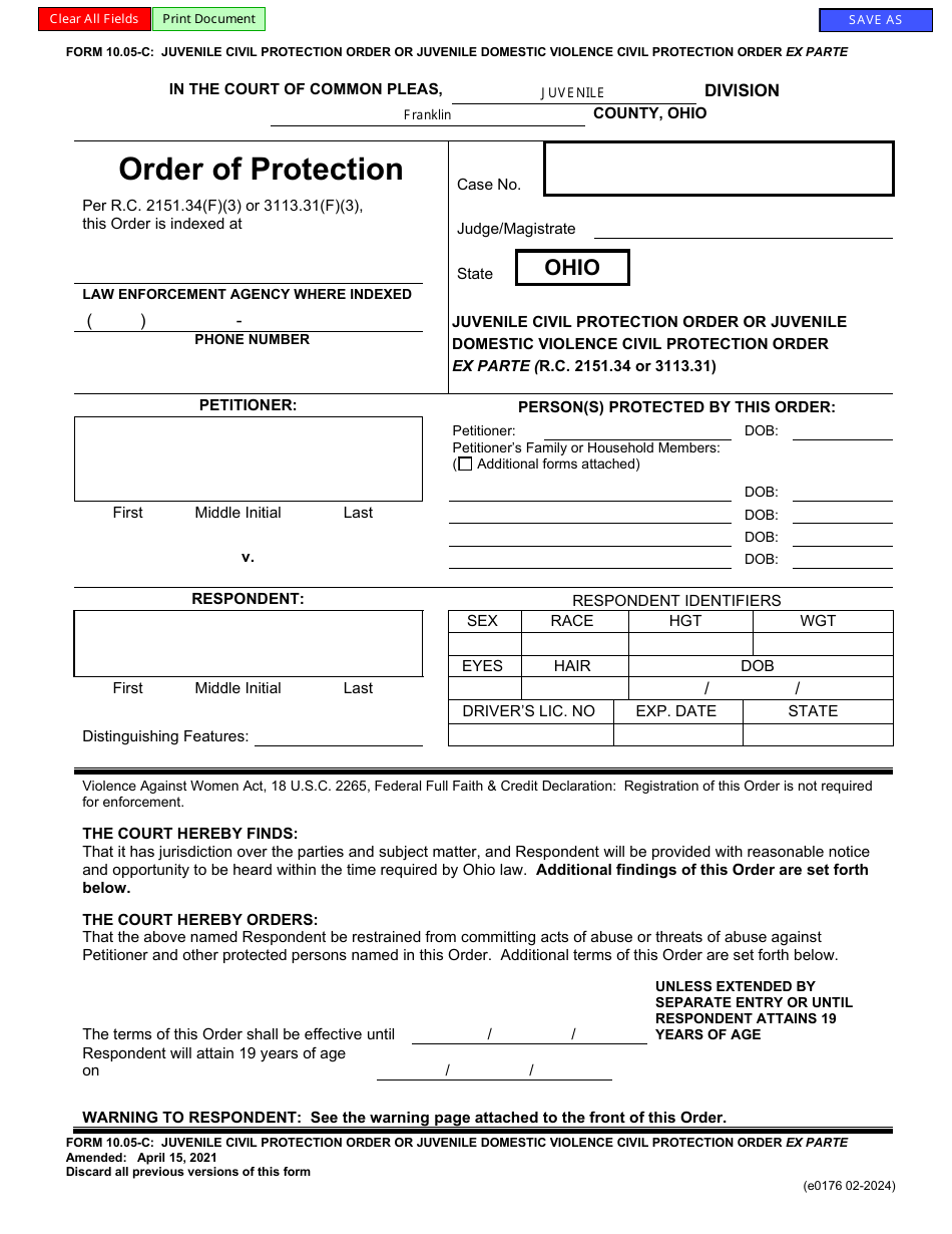 Form 10.05-C (E0176) Juvenile Civil Protection Order or Juvenile Domestic Violence Civil Protection Order Ex Parte - Franklin County, Ohio, Page 1