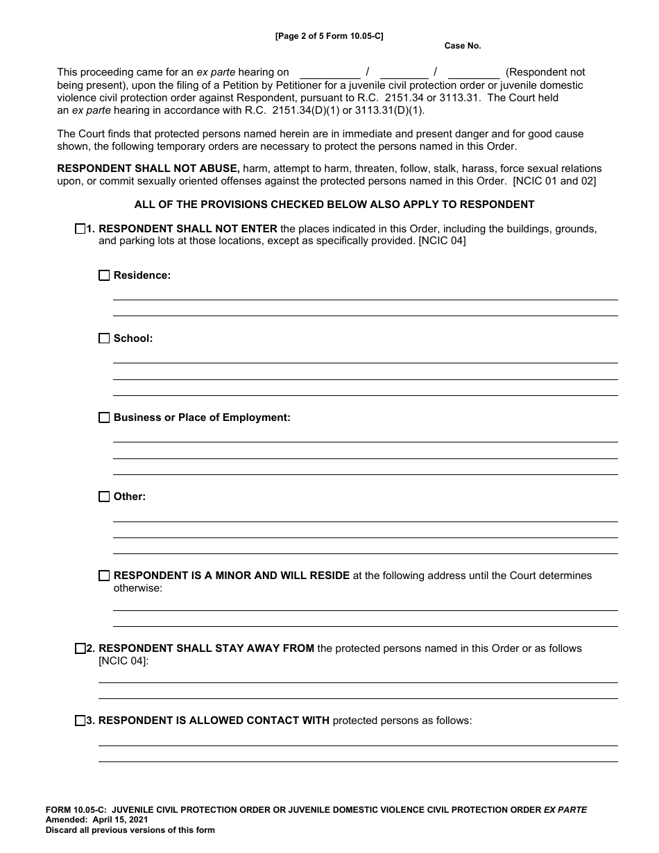 Form 10.05-C (E0176) Juvenile Civil Protection Order or Juvenile Domestic Violence Civil Protection Order Ex Parte - Franklin County, Ohio, Page 2