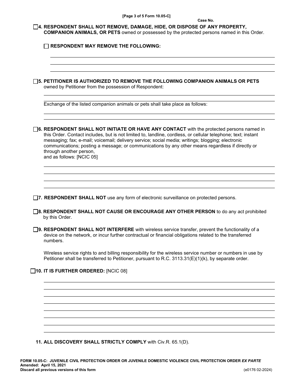 Form 10.05-C (E0176) Juvenile Civil Protection Order or Juvenile Domestic Violence Civil Protection Order Ex Parte - Franklin County, Ohio, Page 3