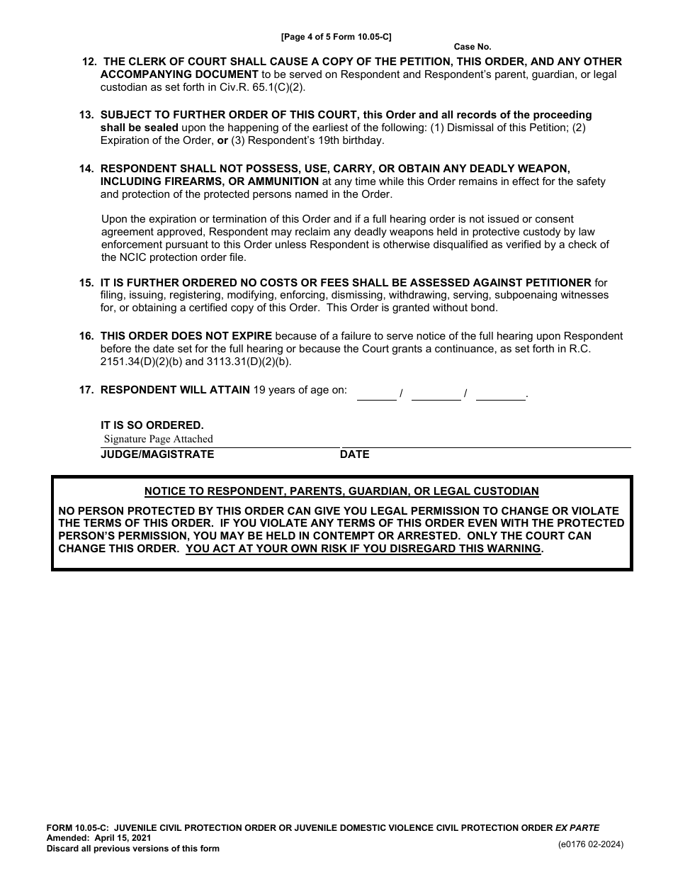 Form 10.05-C (E0176) Juvenile Civil Protection Order or Juvenile Domestic Violence Civil Protection Order Ex Parte - Franklin County, Ohio, Page 4