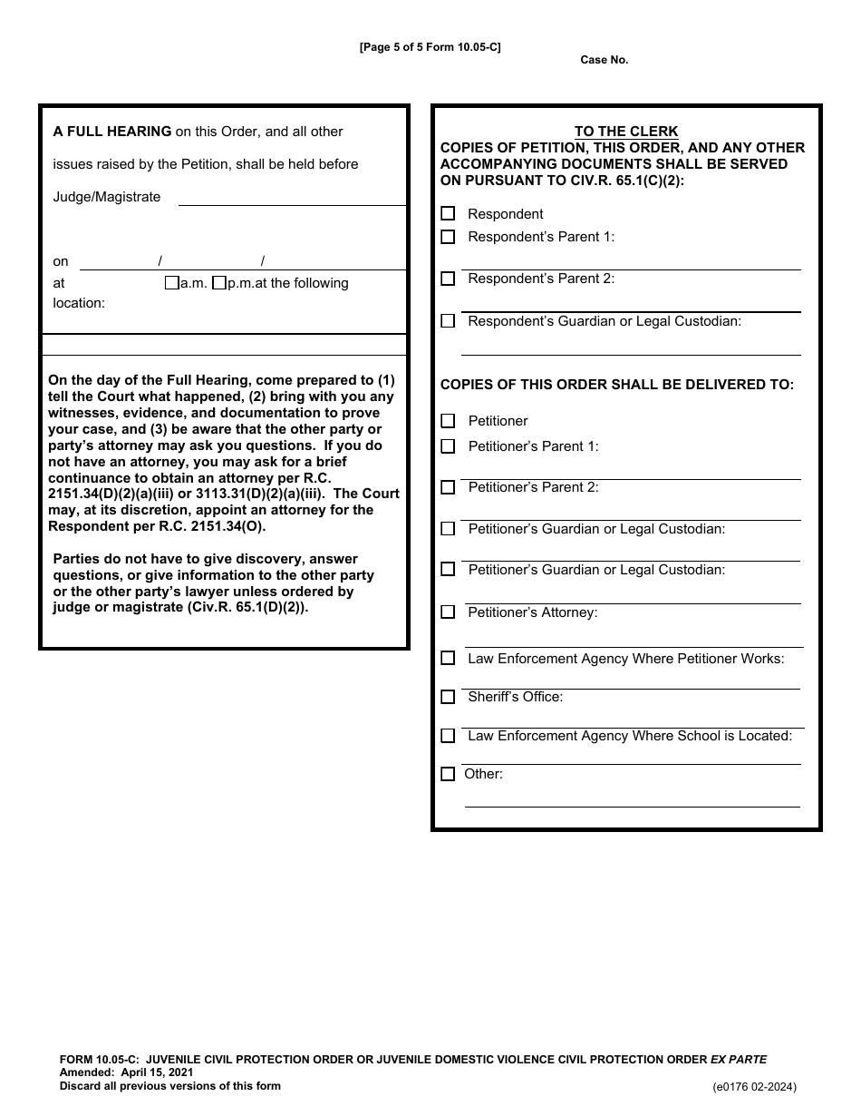 Form 10.05-C (E0176) Juvenile Civil Protection Order or Juvenile Domestic Violence Civil Protection Order Ex Parte - Franklin County, Ohio, Page 5