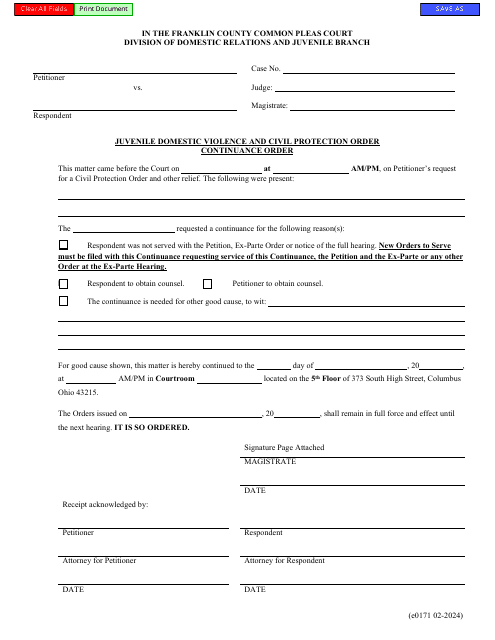 Form E0171 Juvenile Domestic Violence and Civil Protection Order Continuance Order - Franklin County, Ohio