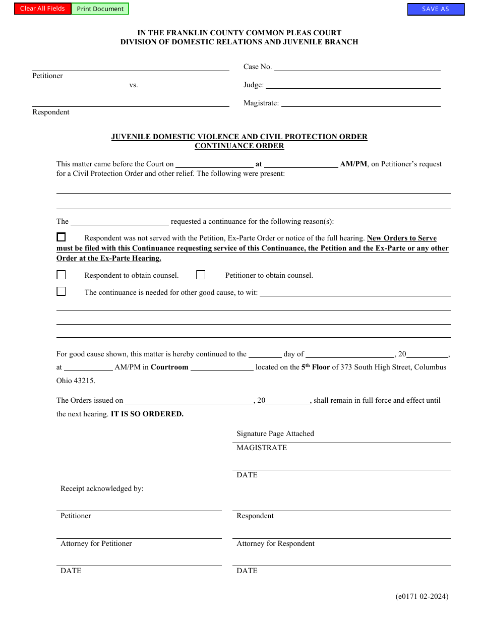 Form E0171 Juvenile Domestic Violence and Civil Protection Order Continuance Order - Franklin County, Ohio, Page 1