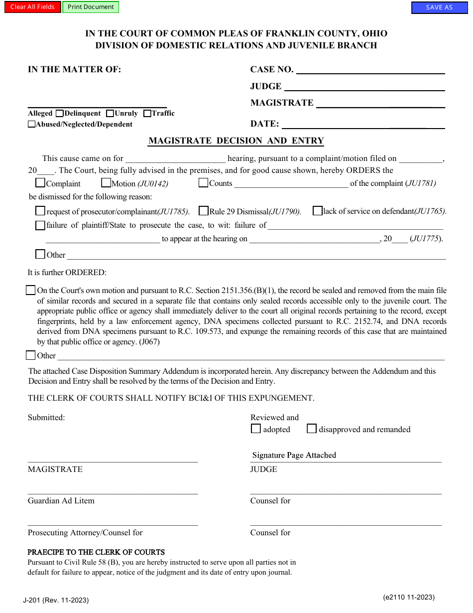 Form E2110 (J-201) Magistrate Decision and Entry - Franklin County, Ohio, Page 1