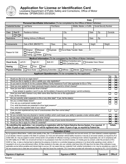 Form DPSMV2003 Application for License or Identification Card - Louisiana