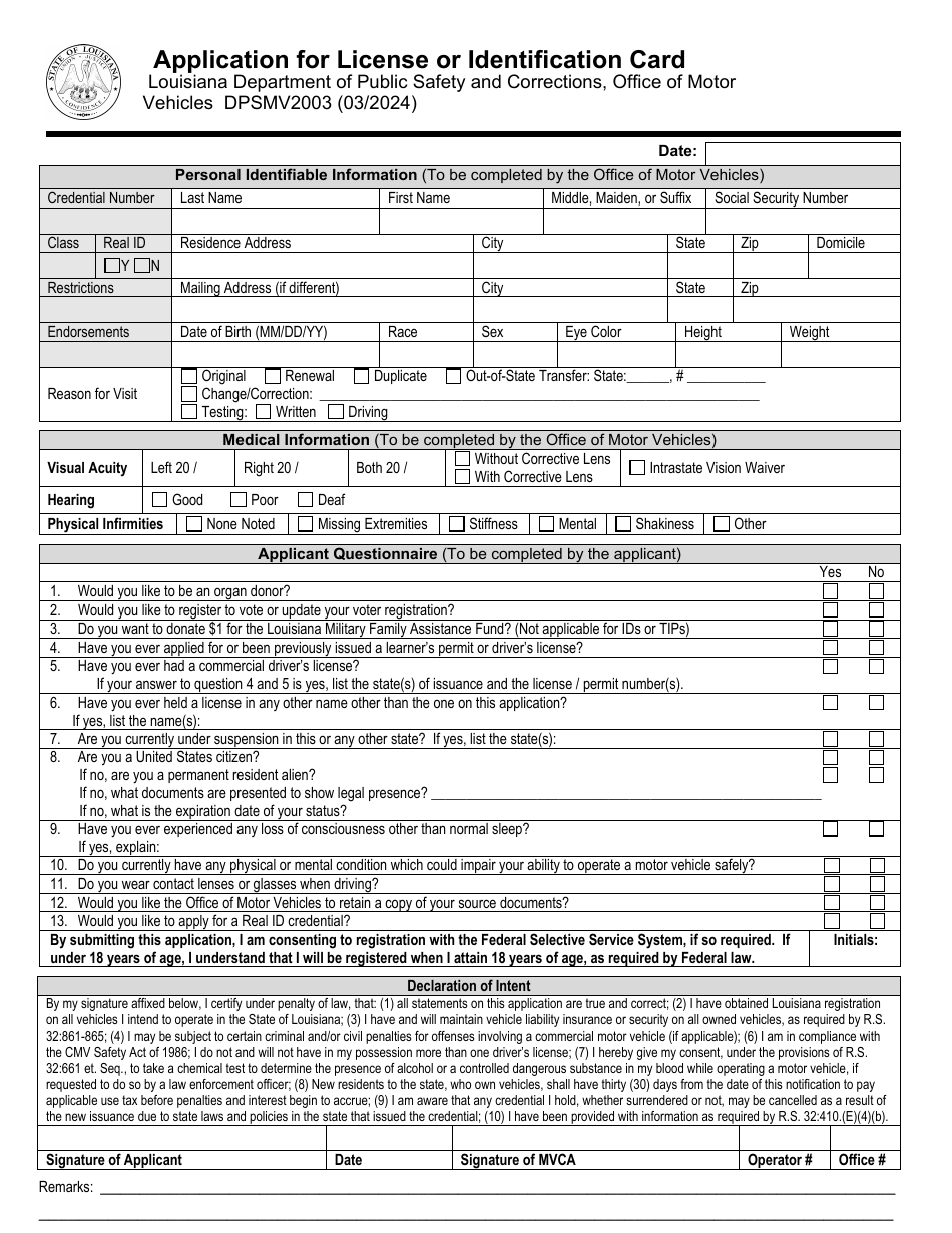 Form DPSMV2003 Application for License or Identification Card - Louisiana, Page 1