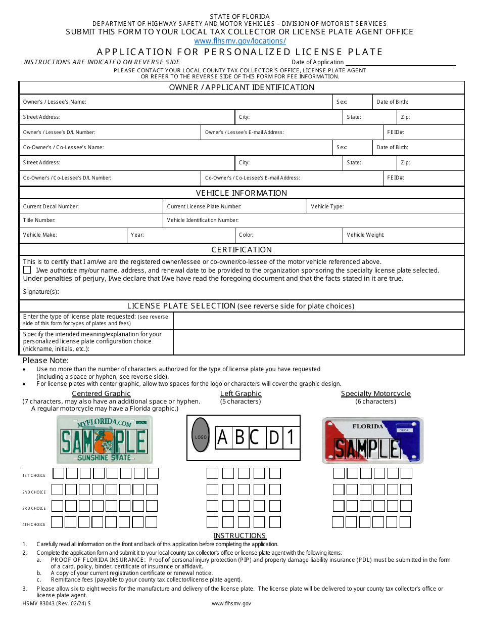 Form HSMV83043 Application for Personalized License Plate - Florida, Page 1