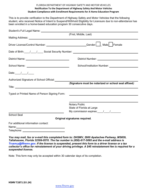 Form HSMV72871 Notification to the Department of Highway Safety and Motor Vehicles Student Compliance With Enrollment Requirements for a Home Education Program - Florida