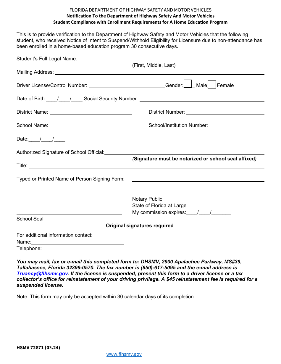 Form HSMV72871 Notification to the Department of Highway Safety and Motor Vehicles Student Compliance With Enrollment Requirements for a Home Education Program - Florida, Page 1