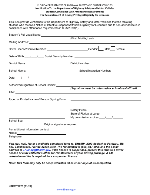 Form HSMV72870 Notification to the Department of Highway Safety and Motor Vehicles Student Compliance With Attendance Requirements for Reinstatement of Driving Privilege/Eligibility for Licensure - Florida