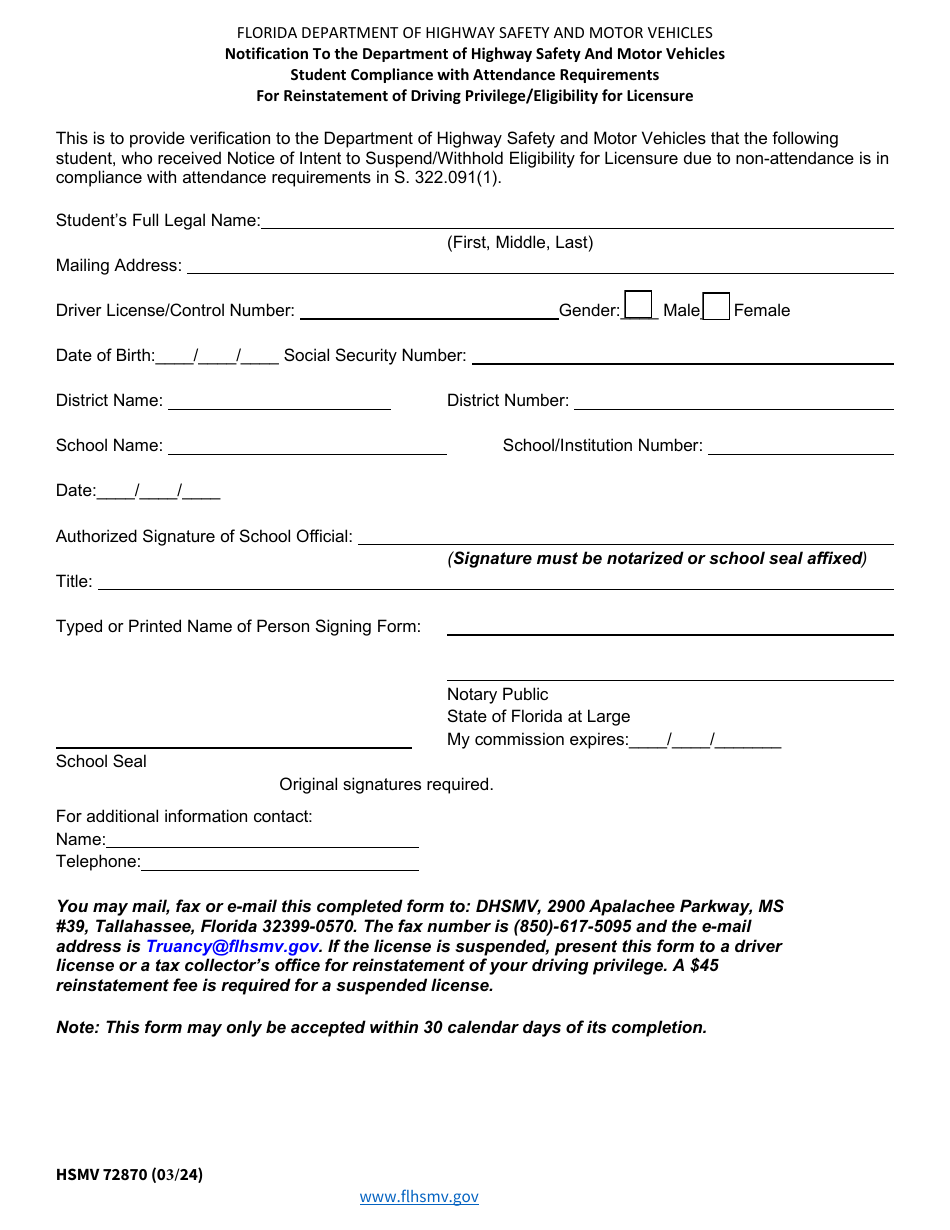Form HSMV72870 Notification to the Department of Highway Safety and Motor Vehicles Student Compliance With Attendance Requirements for Reinstatement of Driving Privilege / Eligibility for Licensure - Florida, Page 1