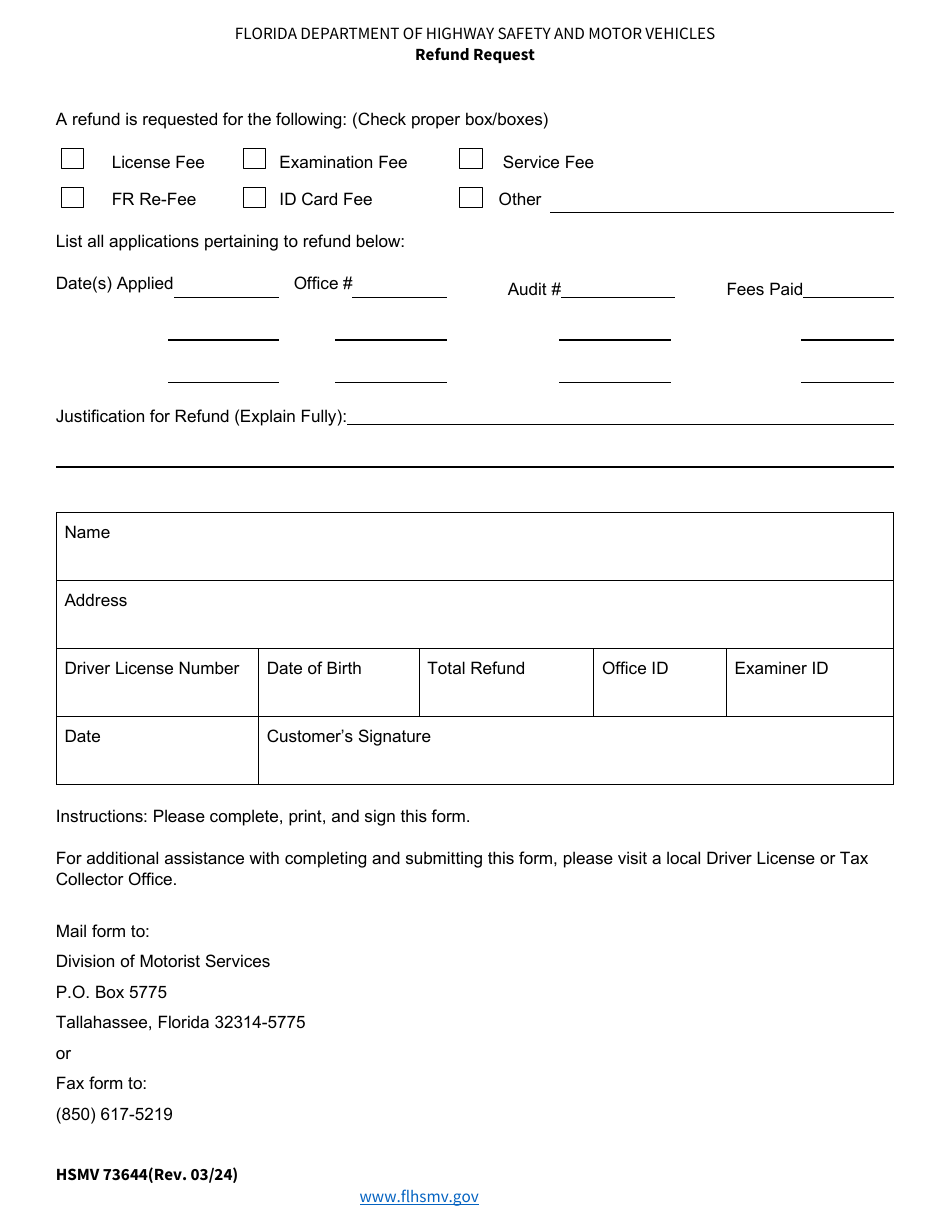 Form HSMV73644 Refund Request - Florida, Page 1