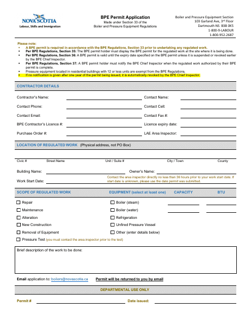 Bpe Permit Application - Nova Scotia, Canada