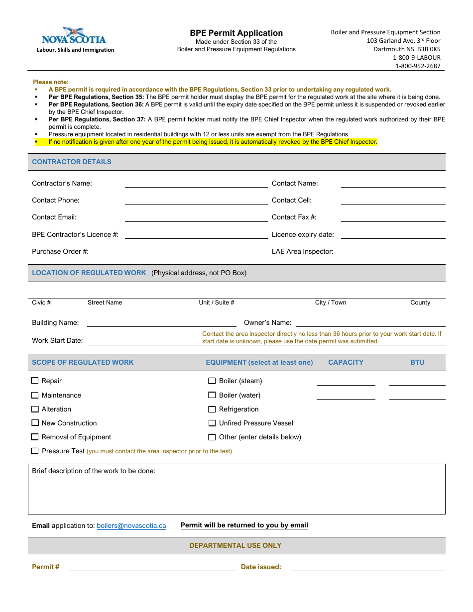 Bpe Permit Application - Nova Scotia, Canada, Page 1