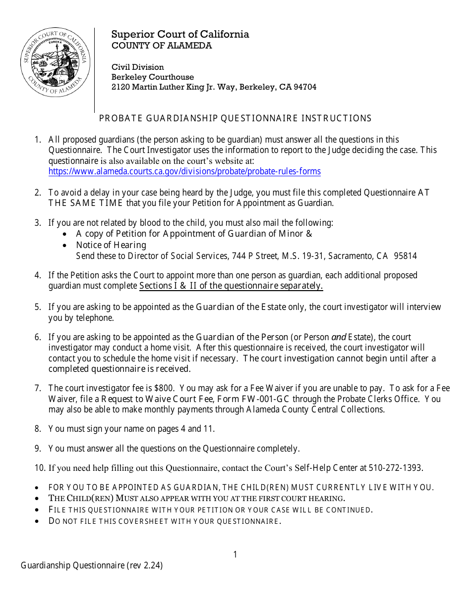 Probate Guardianship Questionnaire - County of Alameda, California, Page 1