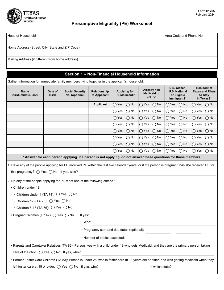 Form H1265 Presumptive Eligibility (Pe) Worksheet - Texas, Page 1