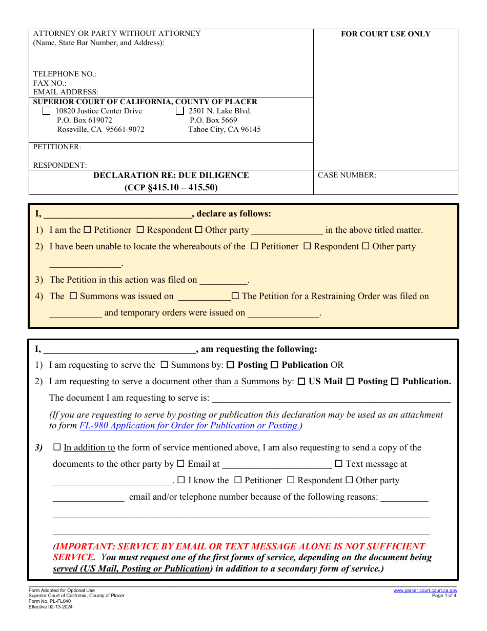 Form PL-FL040 Declaration Re: Due Diligence - County of Placer, California, Page 1