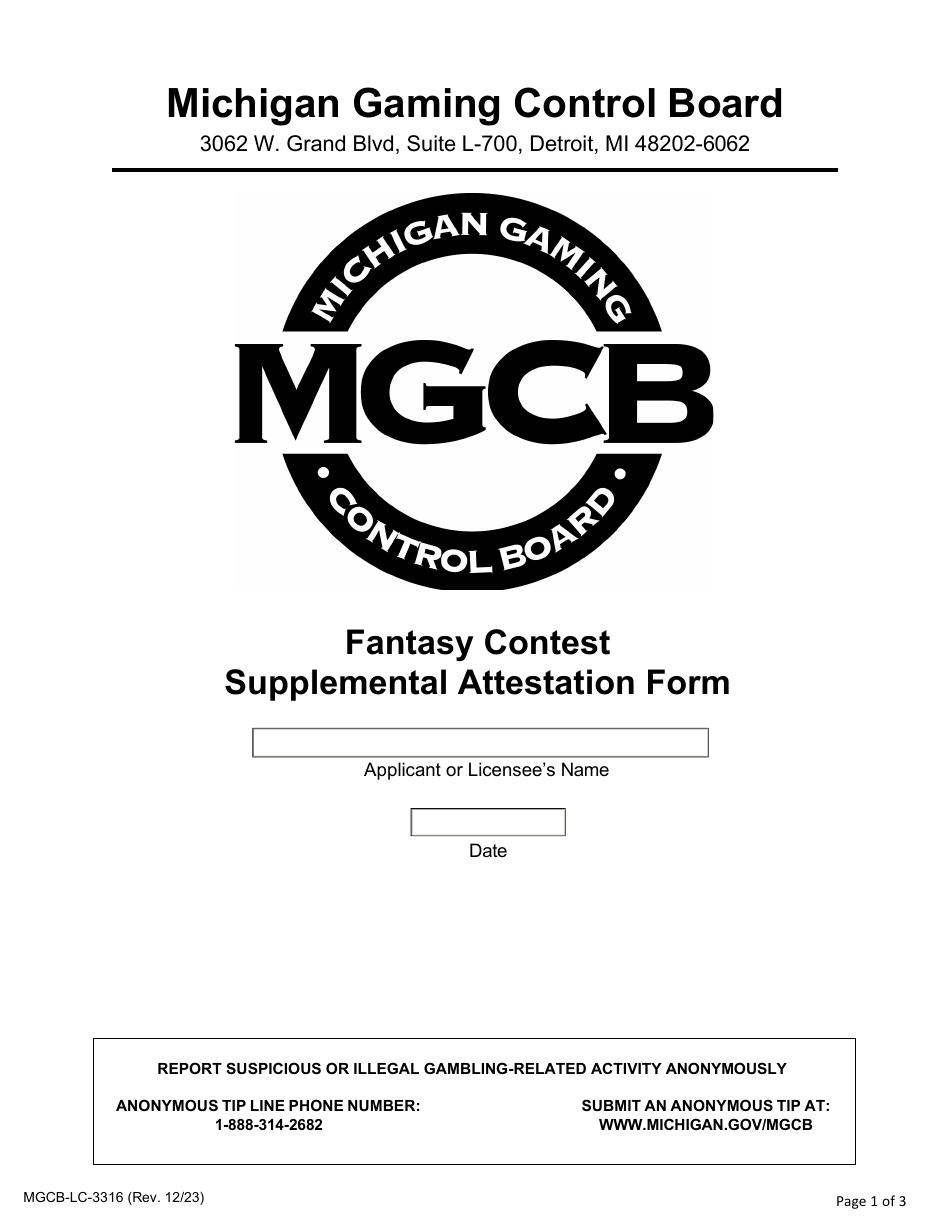 Form MGCB-LC-3316 Fantasy Contest Supplemental Attestation Form - Michigan, Page 1