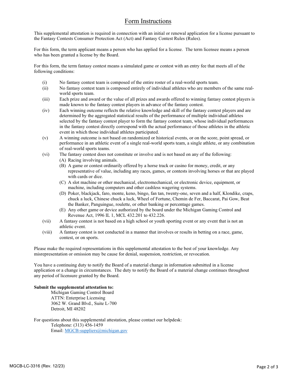 Form MGCB-LC-3316 Fantasy Contest Supplemental Attestation Form - Michigan, Page 2