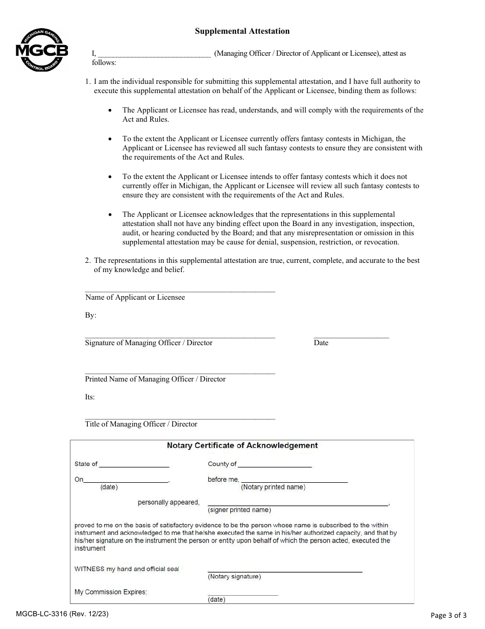 Form MGCB-LC-3316 Fantasy Contest Supplemental Attestation Form - Michigan, Page 3