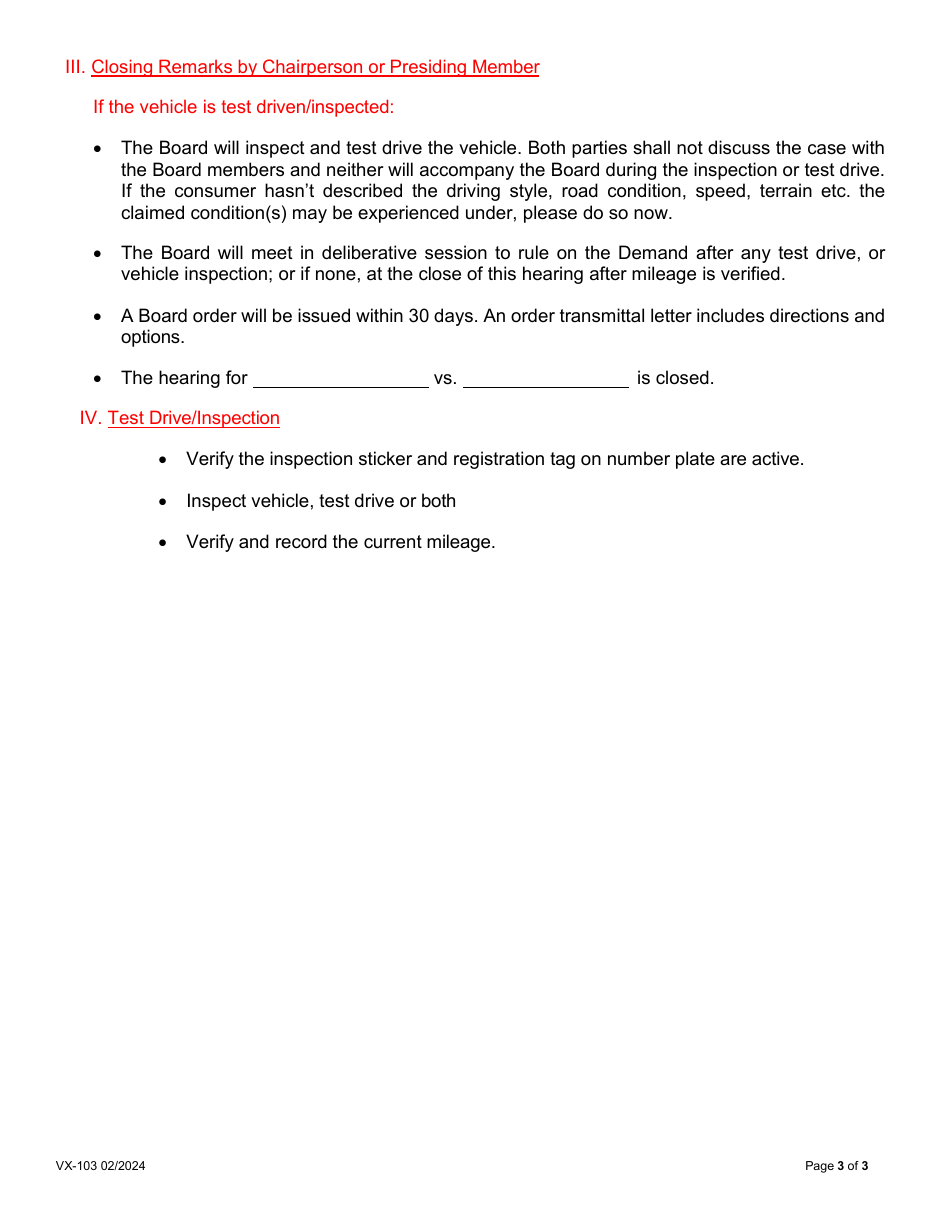 Form VX-103 Motor Vehicle Arbitration Board Hearing Protocol - Vermont, Page 3
