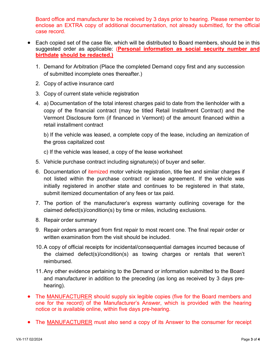 Form VX-117 Lemon Law Case Acceptance - Vermont, Page 3