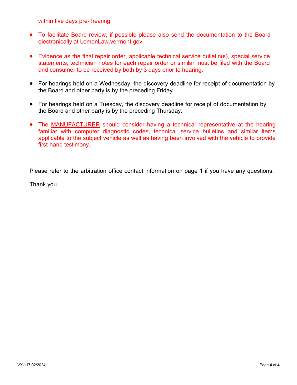Form VX-117 Lemon Law Case Acceptance - Vermont, Page 4