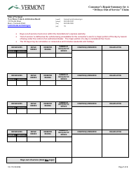 Form VX-116 Consumer&#039;s Repair Summary for a 30 Days out of Service Claim - Vermont