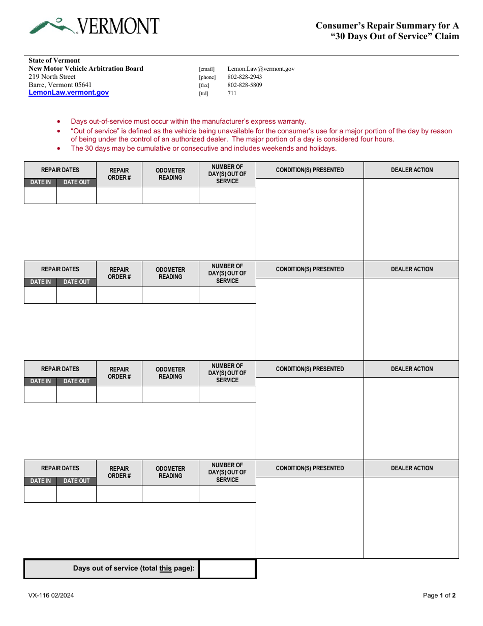 Form VX-116 Consumers Repair Summary for a 30 Days out of Service Claim - Vermont, Page 1