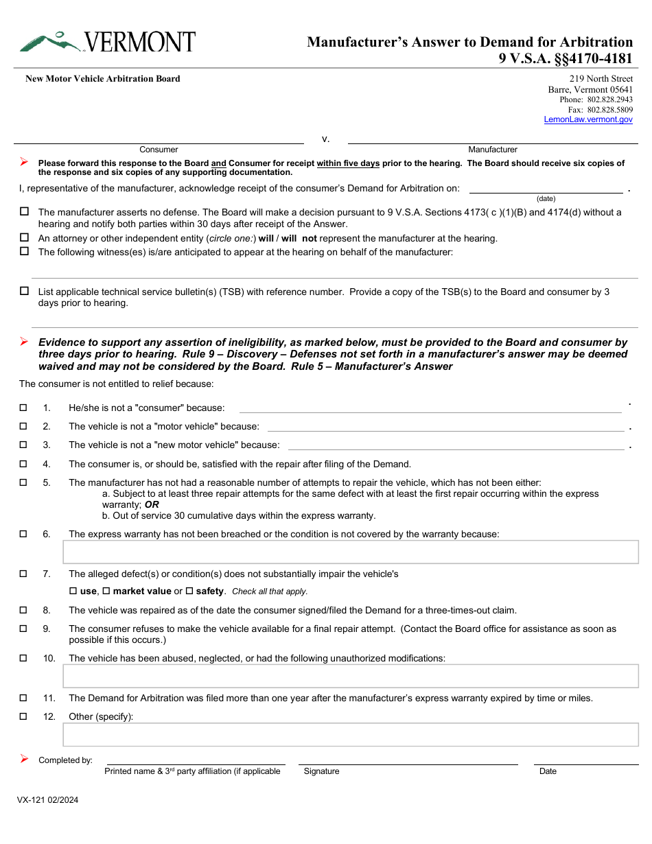 Form VX-121 Manufacturers Answer to Demand for Arbitration - Vermont, Page 1