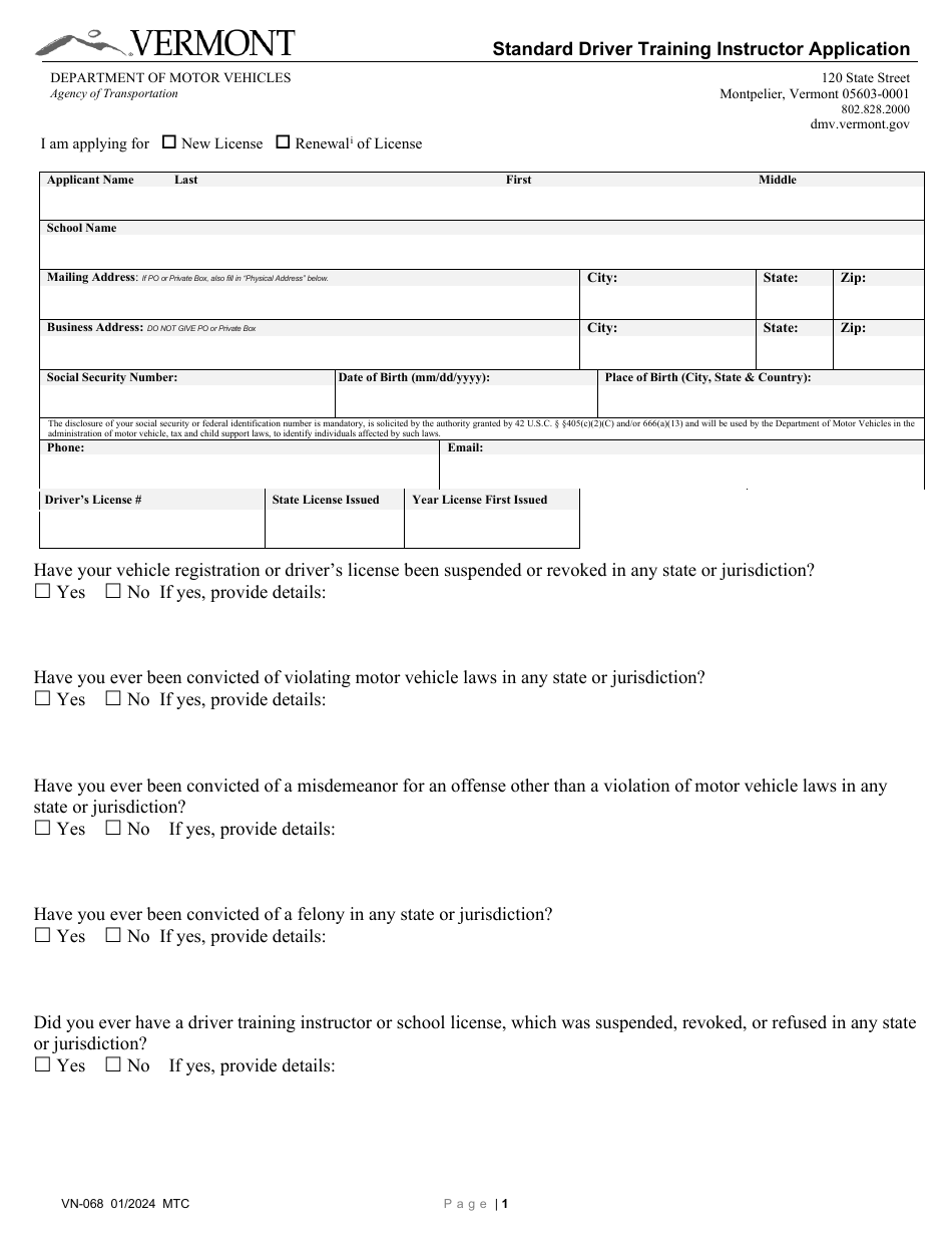 Form VN-068 Standard Driver Training Instructor Application - Vermont, Page 1