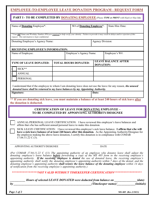 Form MS405 Employee-To-Employee Leave Donation Program - Request Form - Maryland