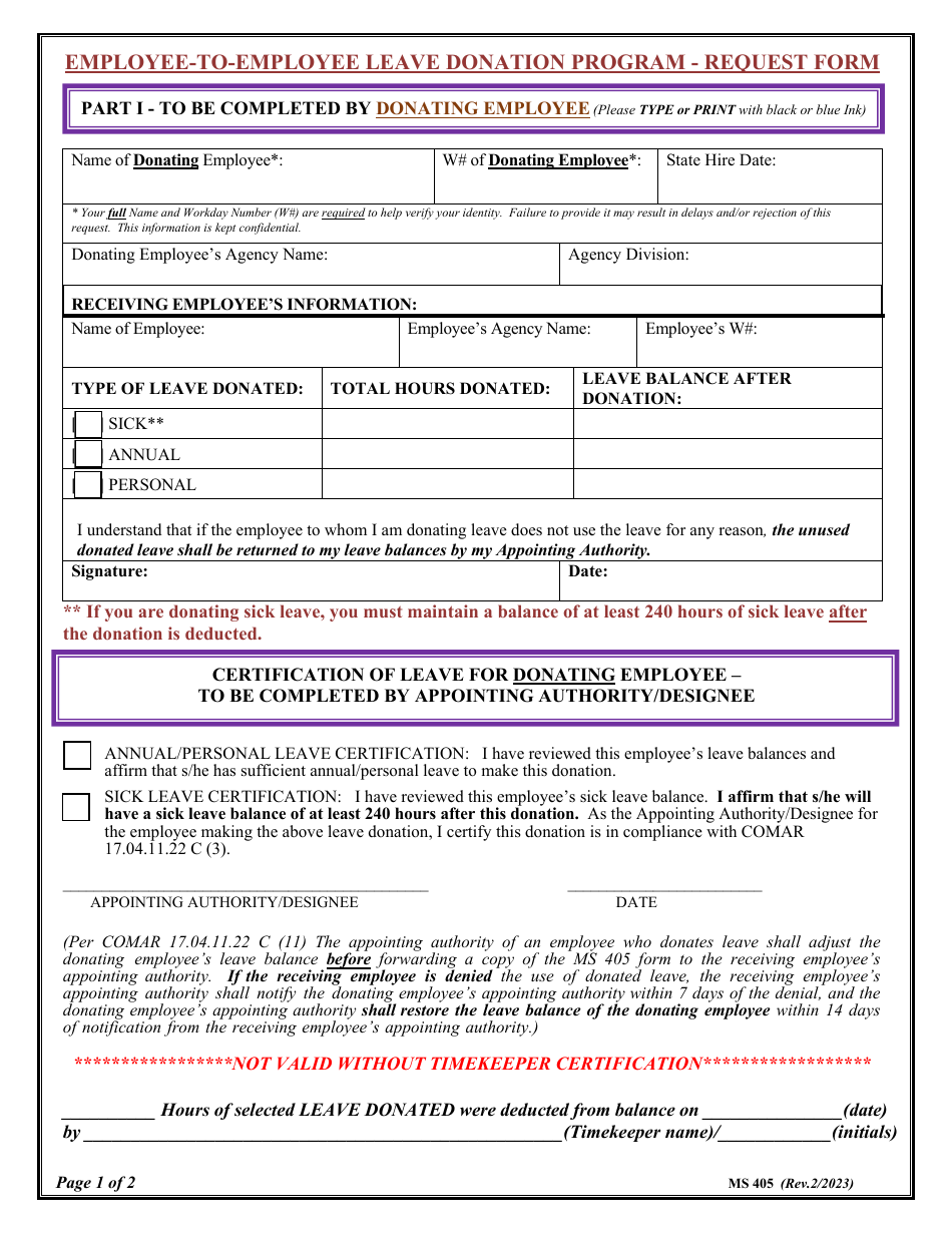Form MS405 Employee-To-Employee Leave Donation Program - Request Form - Maryland, Page 1