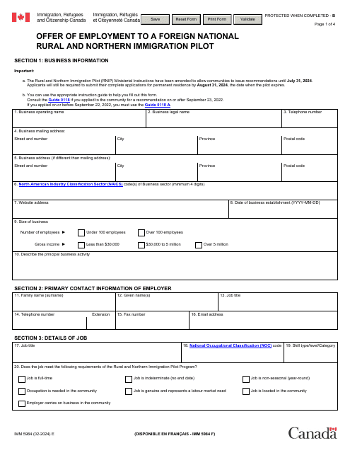 Form IMM5984 Offer of Employment to a Foreign National Rural and Northern Immigration Pilot - Canada