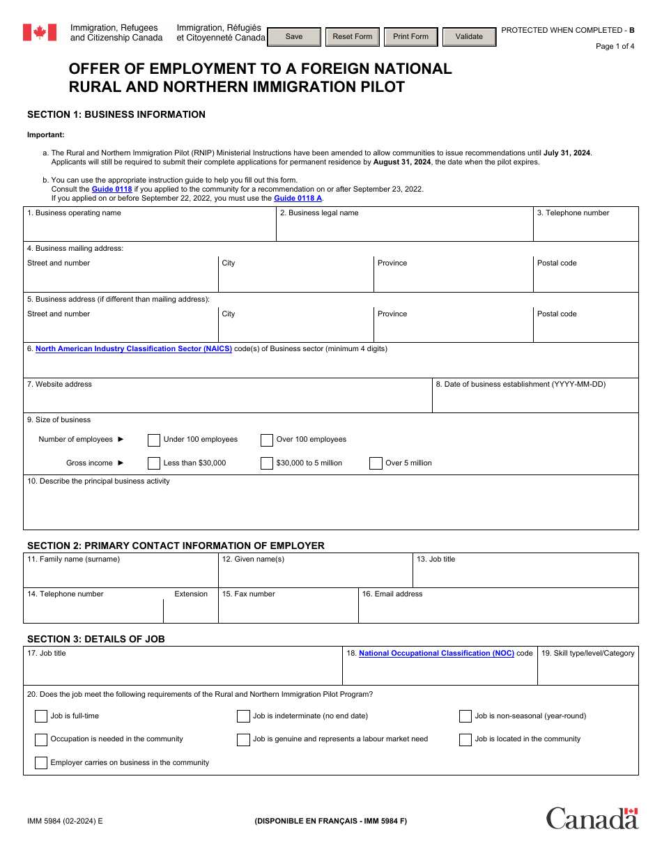 Form IMM5984 Offer of Employment to a Foreign National Rural and Northern Immigration Pilot - Canada, Page 1