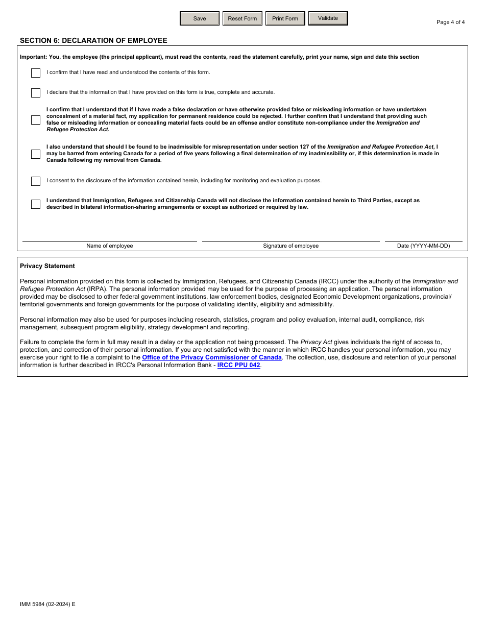 Form IMM5984 Offer of Employment to a Foreign National Rural and Northern Immigration Pilot - Canada, Page 4