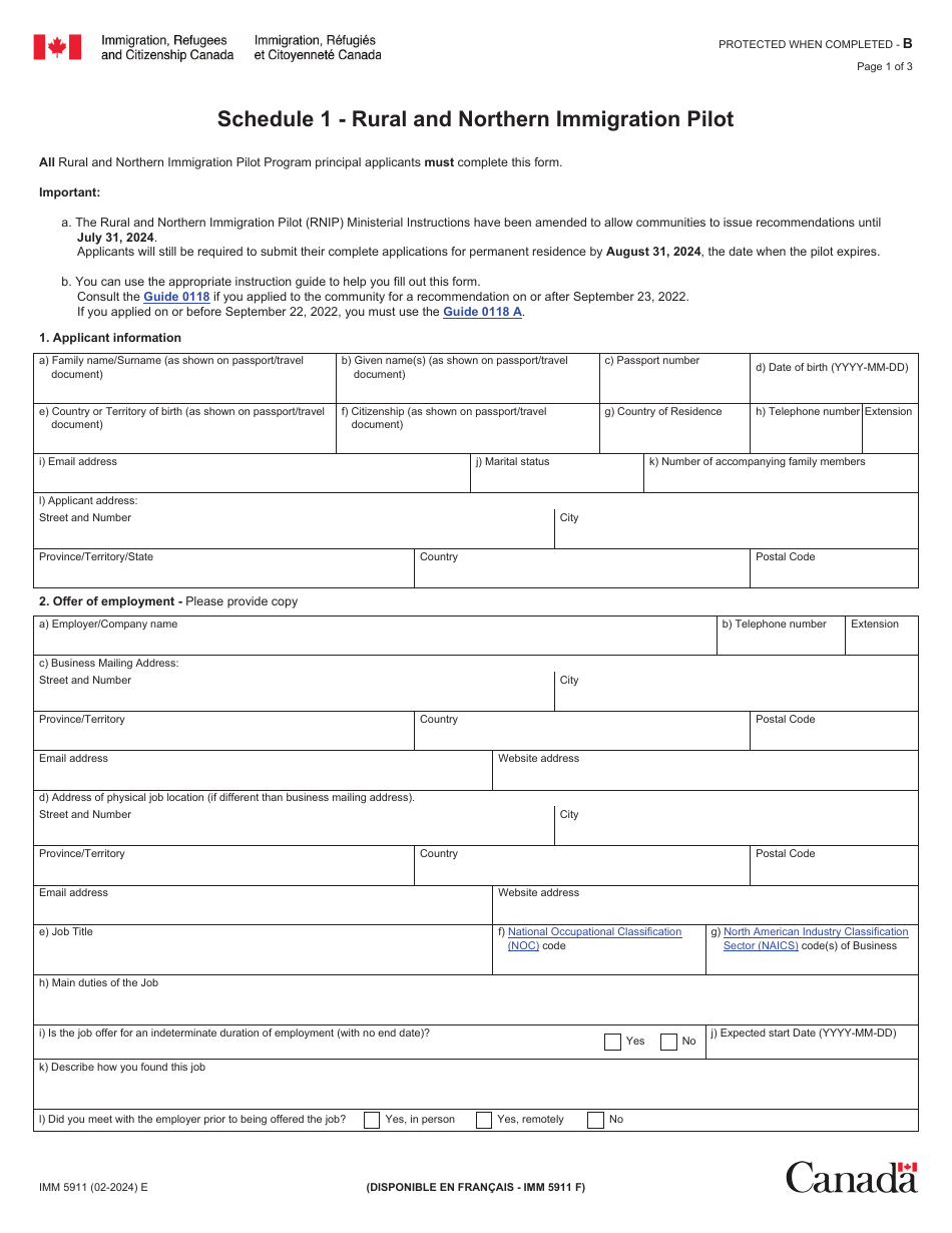 Form IMM5911 Schedule 1 Rural and Northern Immigration Pilot - Canada, Page 1