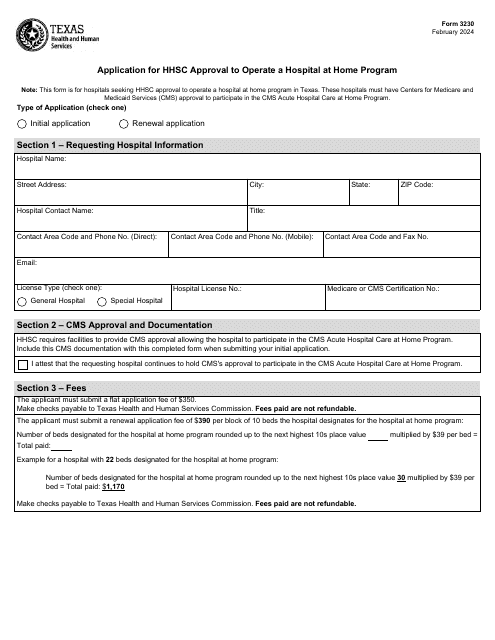 Form 3230 Application for Hhsc Approval to Operate a Hospital at Home Program - Texas