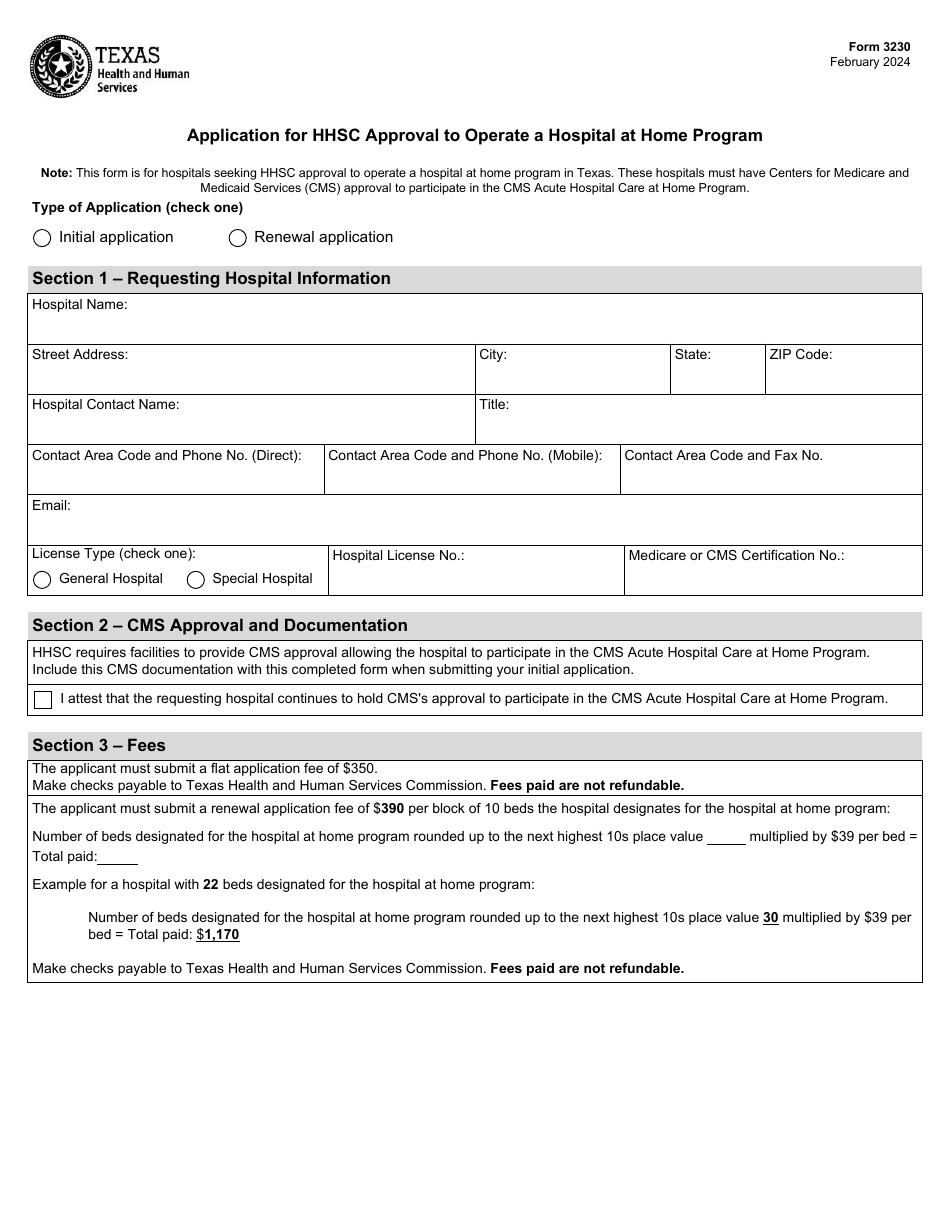 Form 3230 Application for Hhsc Approval to Operate a Hospital at Home Program - Texas, Page 1