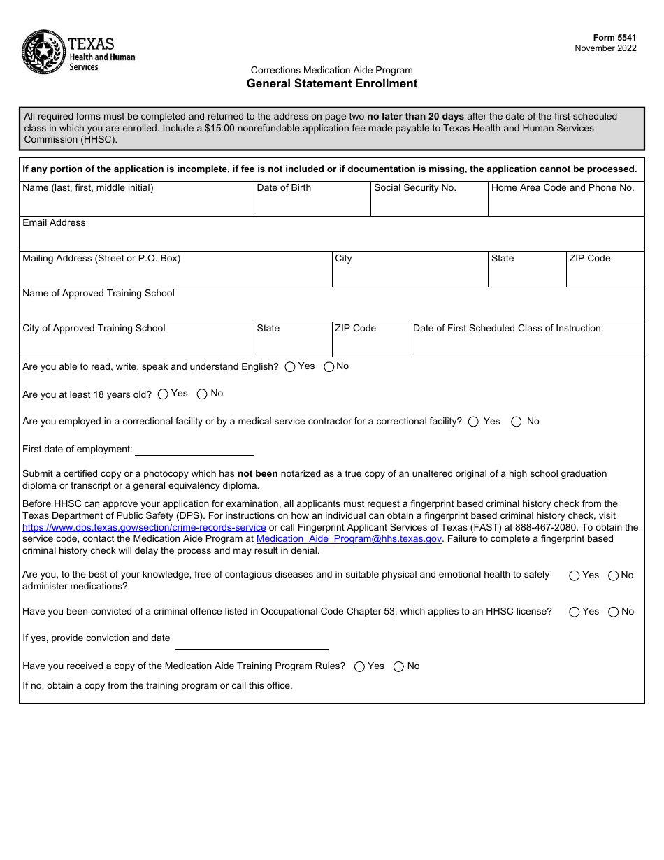 Form 5541 General Statement Enrollment - Corrections Medication Aide Program - Texas, Page 1