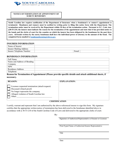 Notice of Termination of Appointment of Surety Bondsmen - South Carolina