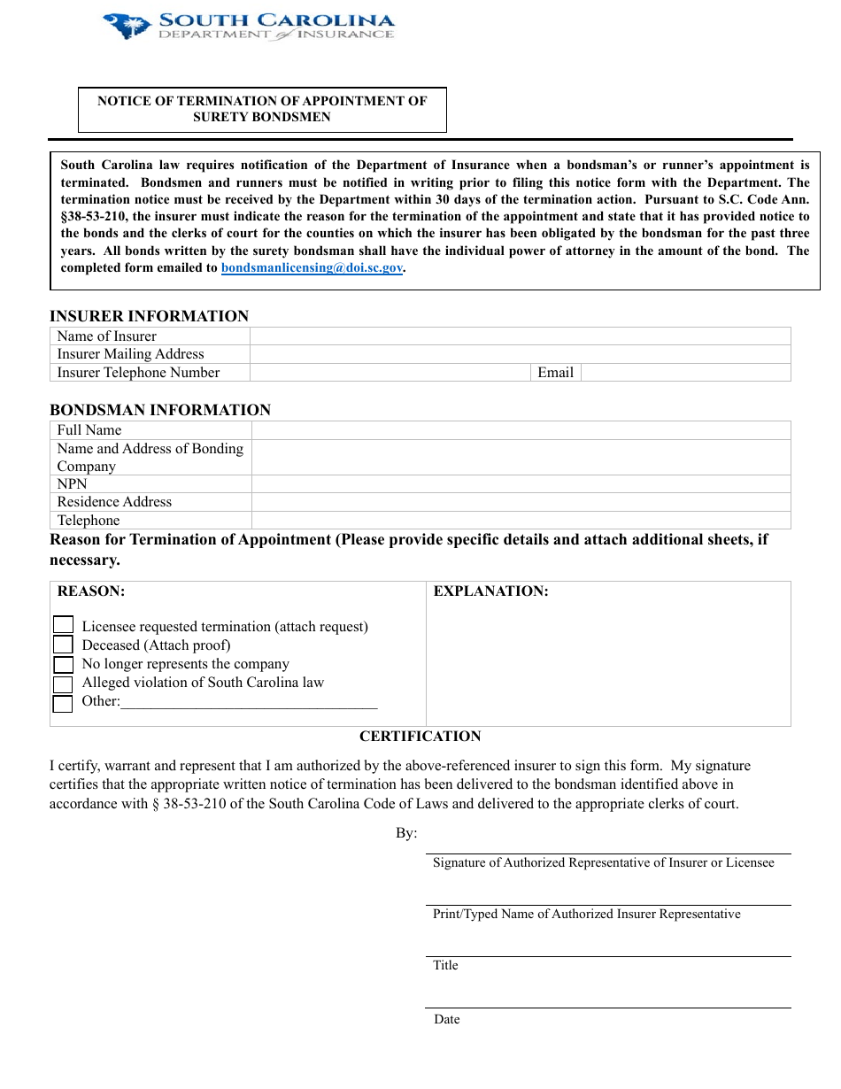 Notice of Termination of Appointment of Surety Bondsmen - South Carolina, Page 1